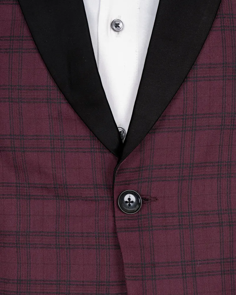 Eggplant Red Plaid Wool Rich Tuxedo Blazer 4