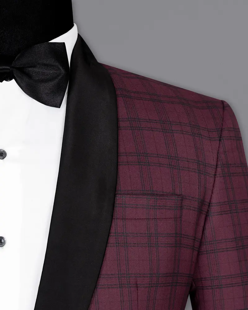 Eggplant Red Plaid Wool Rich Tuxedo Blazer 6