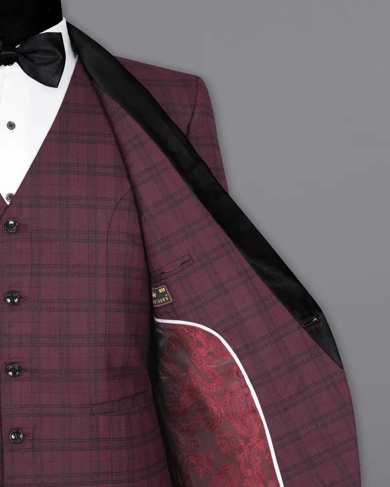Eggplant Red Plaid Wool Rich Tuxedo Blazer 7