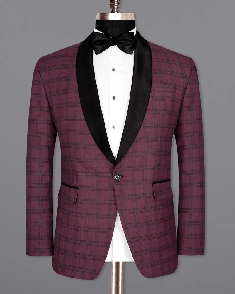 Eggplant Red Plaid Wool Rich Tuxedo Blazer 8