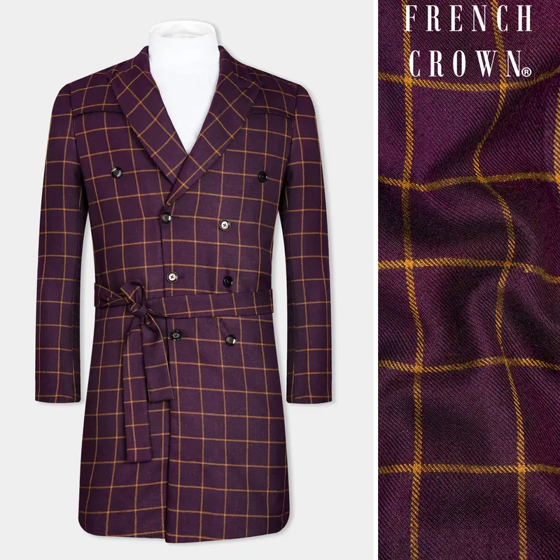 Eggplant Wine Windowpane Double Breasted Wool Rich Designer Overcoat 1