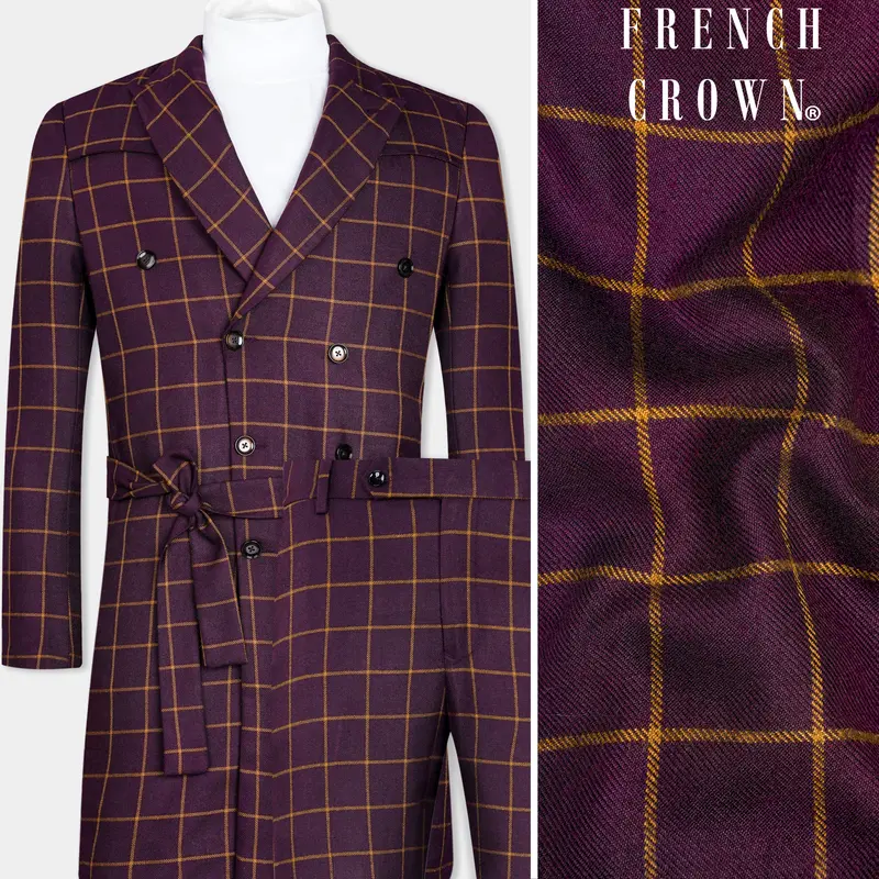 Eggplant Wine Windowpane Double Breasted Wool Rich Designer Overcoat With Pant 1