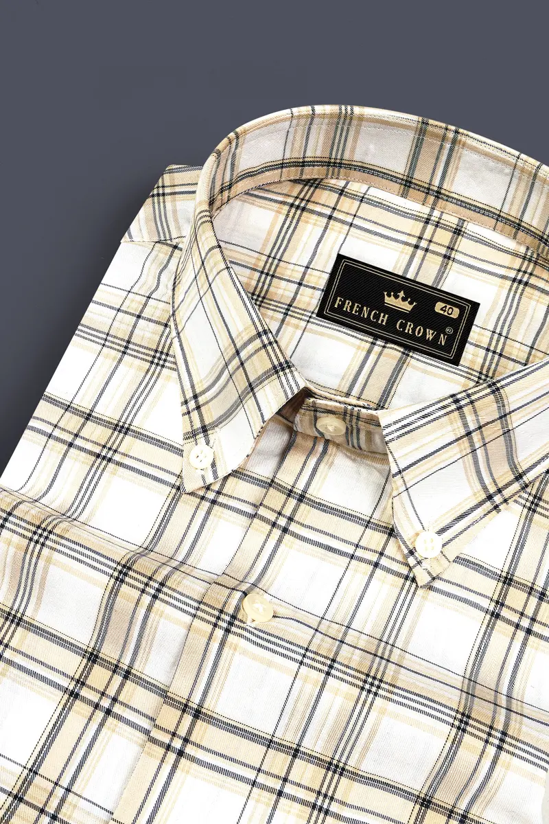 Eggshell Cream And Bright White Checked Twill Premium Cotton Shirt 1