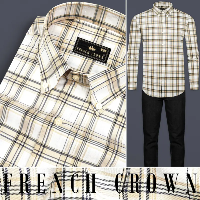 Eggshell Cream And Bright White Checked Twill Premium Cotton Shirt 10