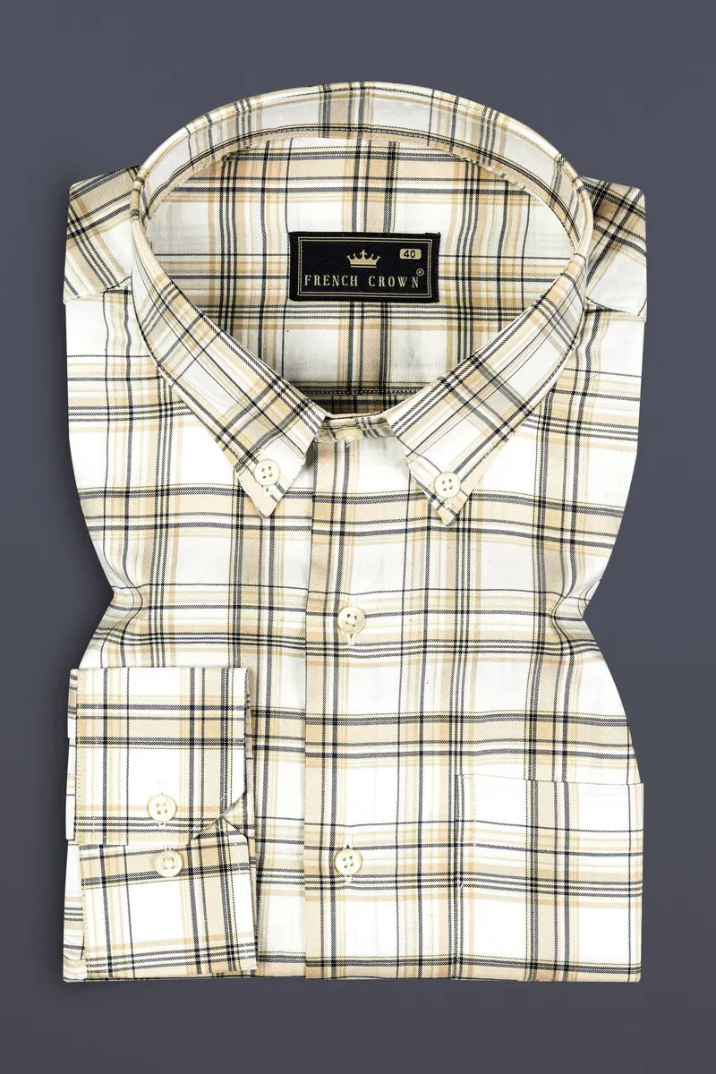 Eggshell Cream And Bright White Checked Twill Premium Cotton Shirt 3