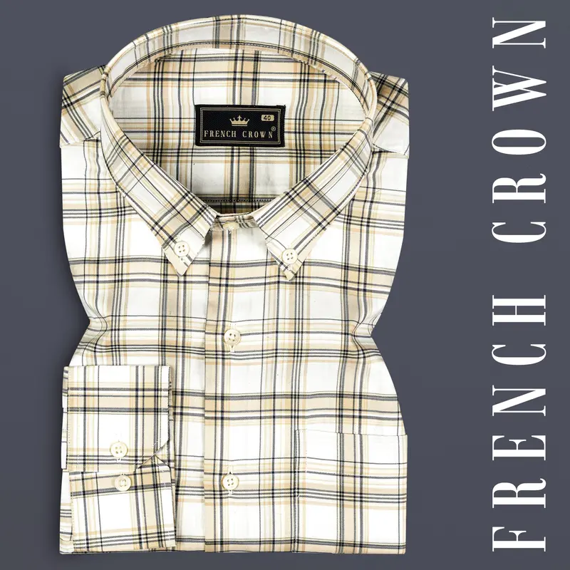 Eggshell Cream And Bright White Checked Twill Premium Cotton Shirt 7