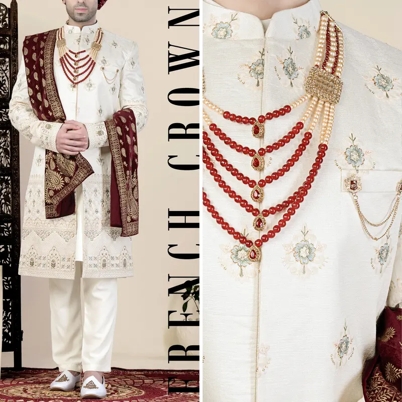 Eggshell Cream And Casper Blue Floral Thread And Sequin Embroidered Indo-Western Sherwani 1