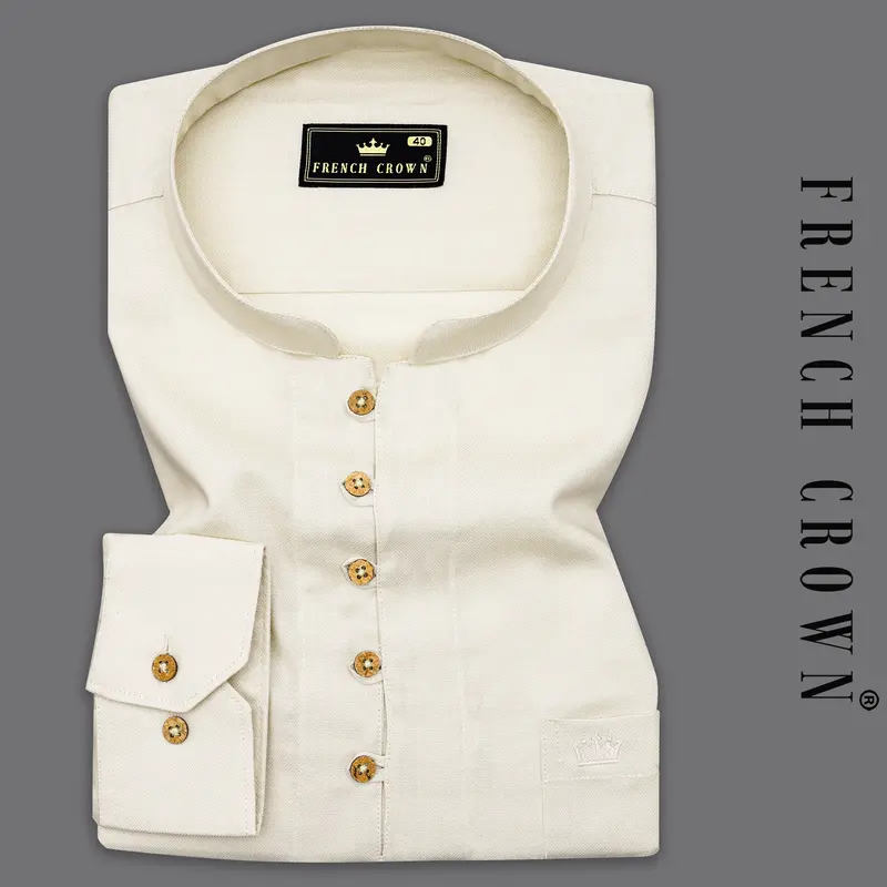 Eggshell Cream Dobby Textured Premium Giza Cotton Kurta Shirt 1