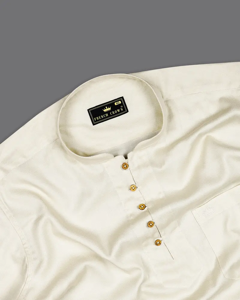 Eggshell Cream Dobby Textured Premium Giza Cotton Kurta Shirt 5