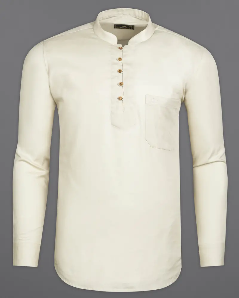 Eggshell Cream Dobby Textured Premium Giza Cotton Kurta Shirt 6