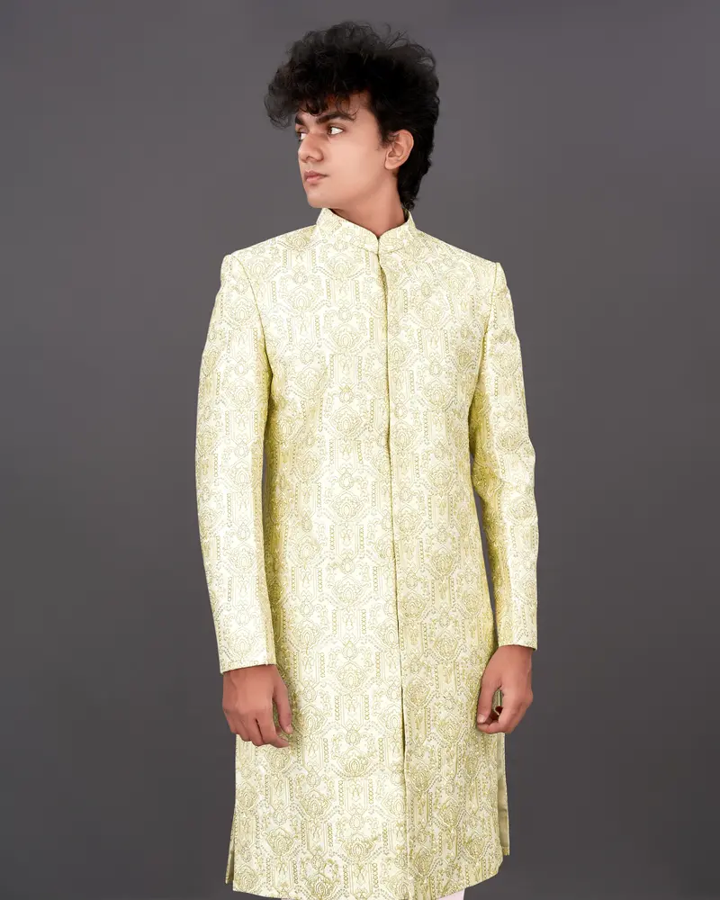 Eggshell Cream Heavyweight Embroidered Sherwani With Kurta And Pants Set 1