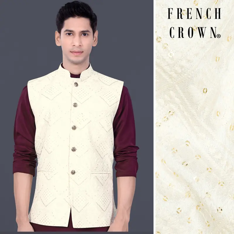 Eggshell Cream Trellis Sequin And Thread Embroidered Nehru Jacket 1