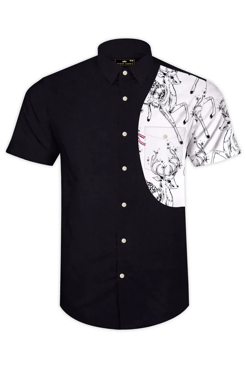 Eldeen-Jade Black And Bright White Deer Printed Subtle Sheen Super Soft Premium Cotton Casual Designer Shirt 2