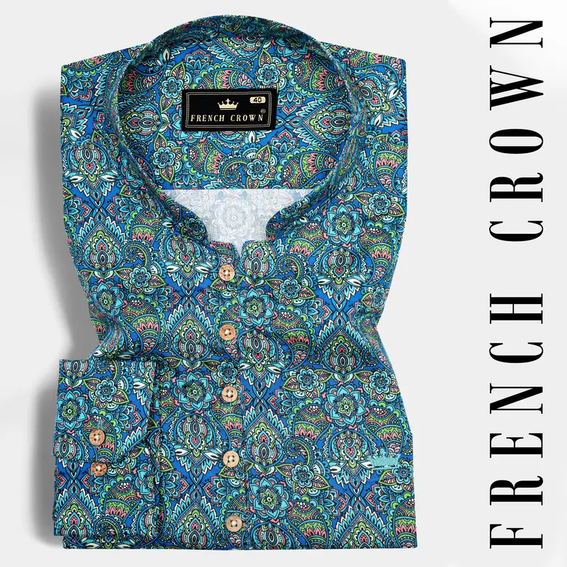 Electric Blue And Parakeet Green Multicolour Floral Printed Subtle Sheen Super Soft Premium Cotton Kurta Shirt 1