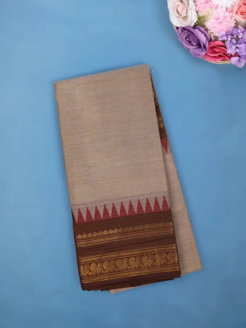 Elegant Beige Cotton Saree With Maroon & Zari Border 1