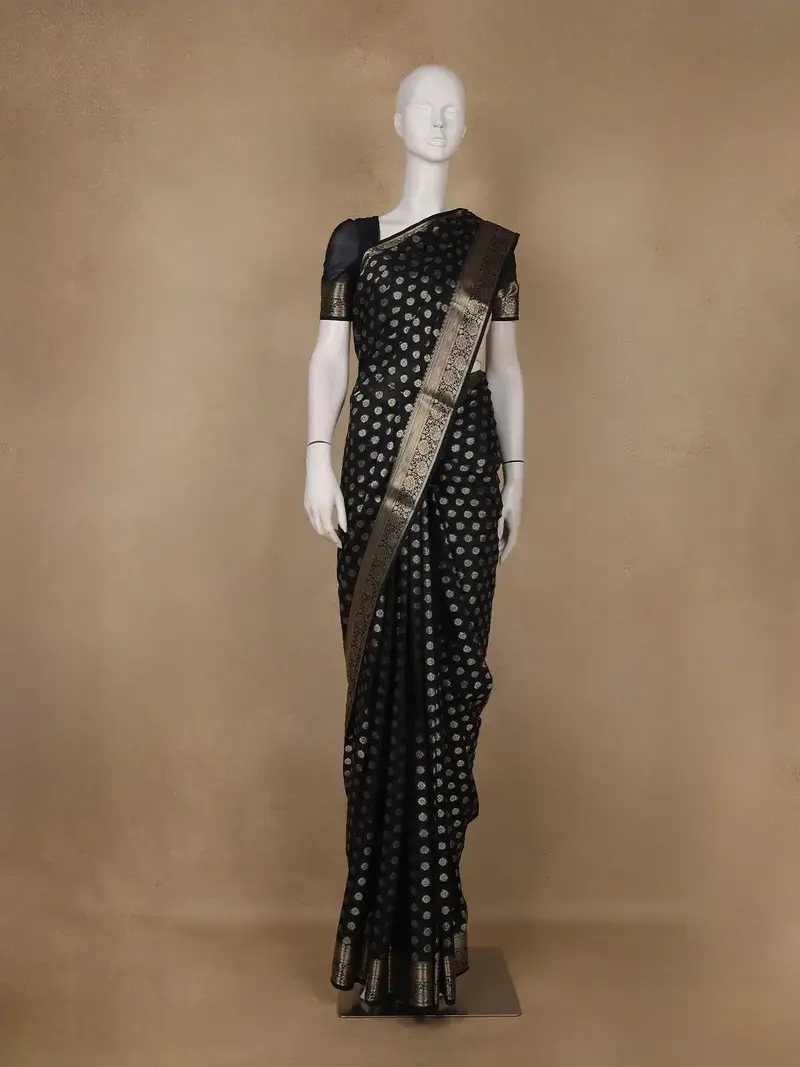 Elegant Black Floral Zari Woven Chiffon Silk Saree 1