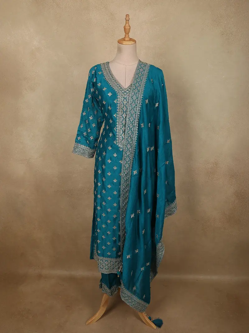 Elegant Deep Teal Blue Sequins Embroidered Design Semi Silk Salwar Suit With Designer Dupatta 1