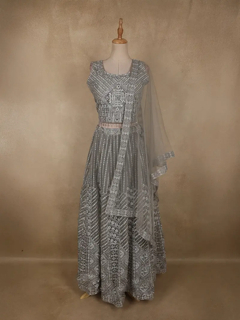 Elegant Dove Grey Mirror And Thread Embroidered Design Net Lehenga With Dupatta 1