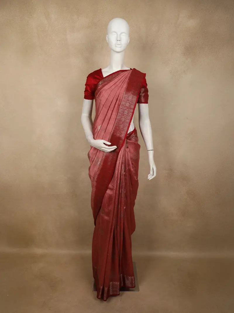 Elegant Dual-Tone Rosewood Floral Butta Zari Woven Design Design Pure Tussar Saree With Contrast Floral Border 1