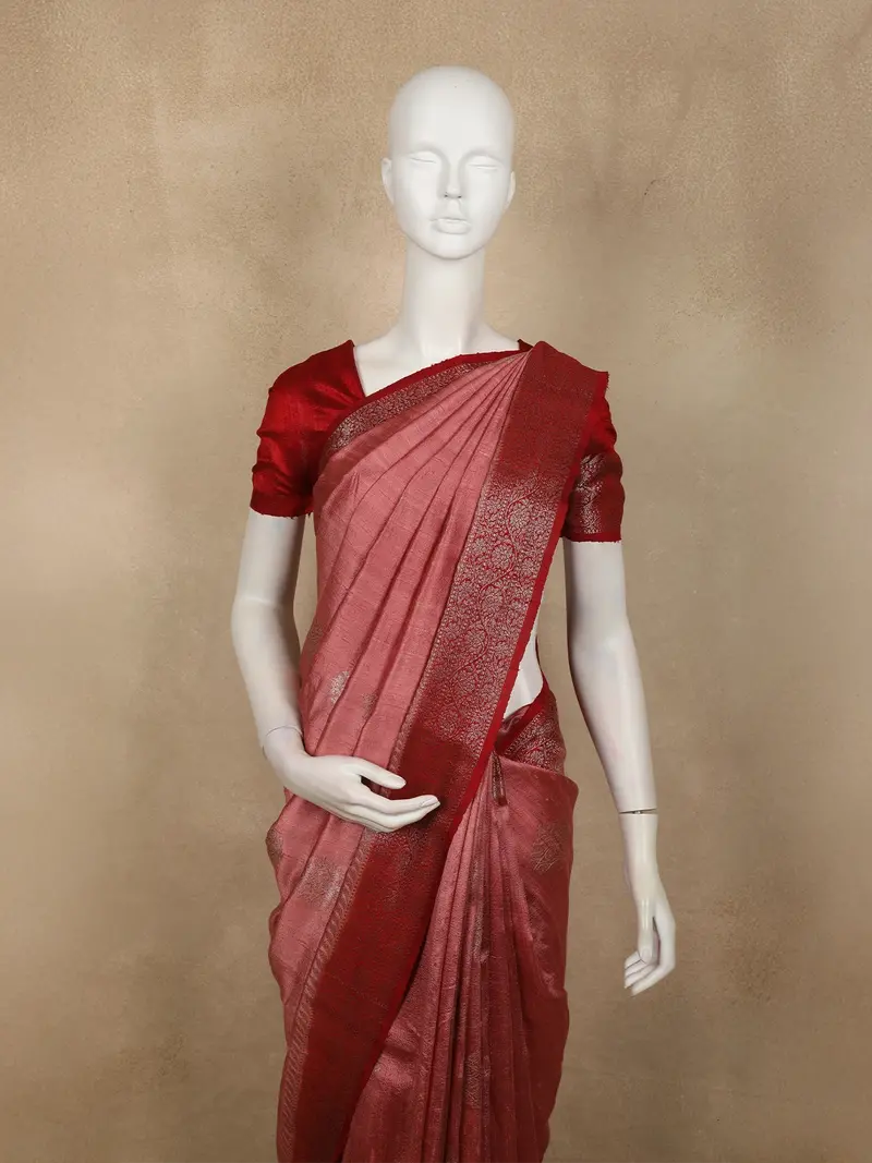 Elegant Dual-Tone Rosewood Floral Butta Zari Woven Design Design Pure Tussar Saree With Contrast Floral Border 2