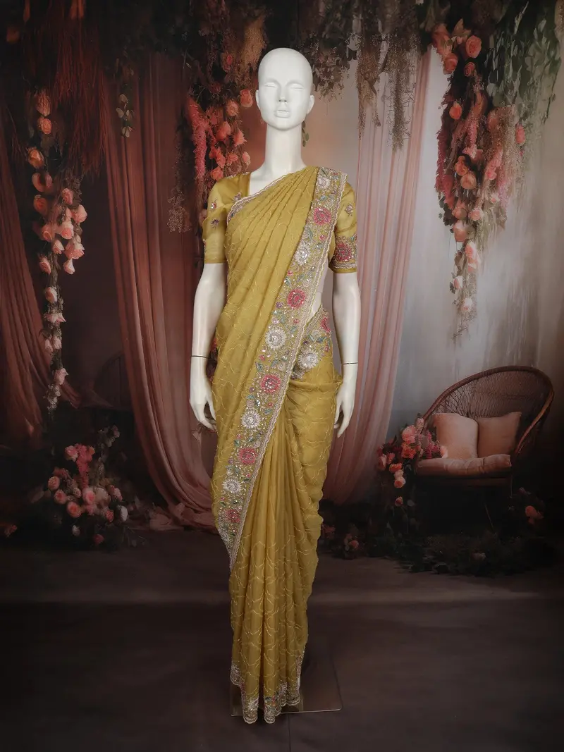 Elegant Mustard Yellow Embroidered Design Tissue Saree With Scalloped Border 1
