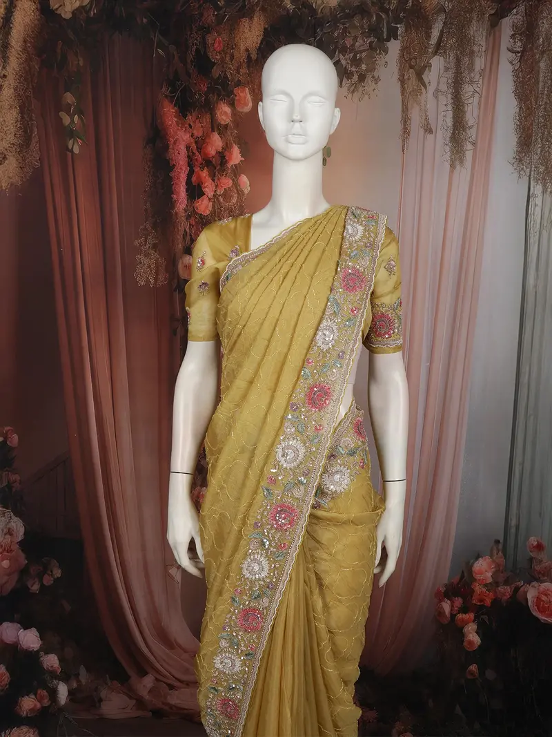 Elegant Mustard Yellow Embroidered Design Tissue Saree With Scalloped Border 2