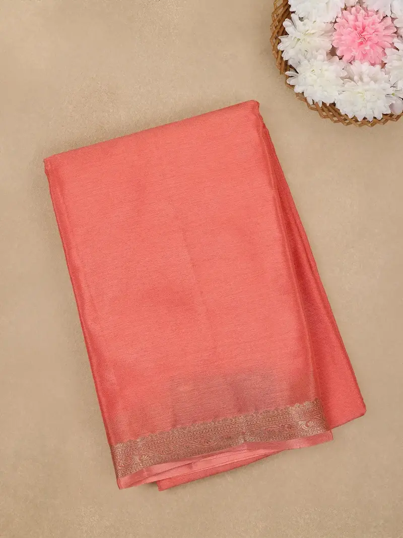 Elegant Peach Coral Solid Design Mysore Silk Saree 1