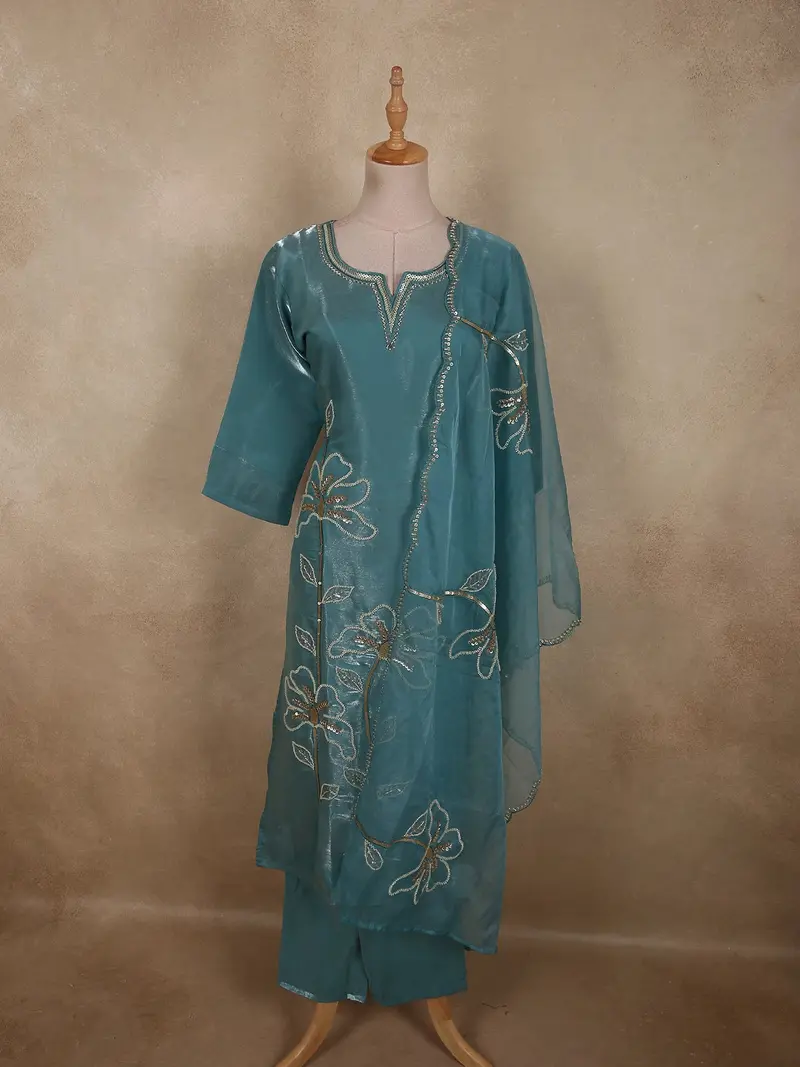 Elegant Teal Blue Floral Sequins And Beads Embroidered Design Organza Straight Cut Salwar Suit 1