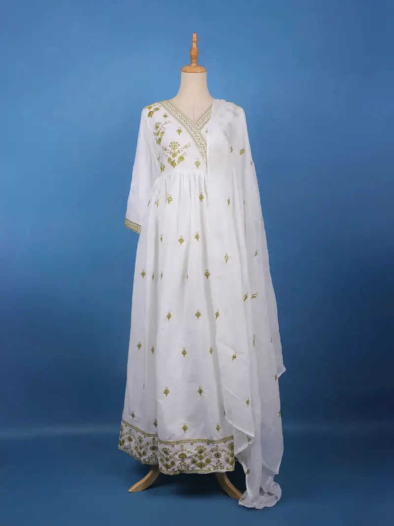 Elegant White Anarkali Style Floral Embroidery Salwar Suit 1