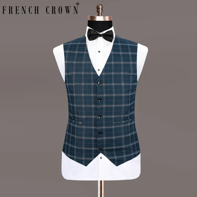 Elephant Blue Windowpane Wool Rich Waistcoat 1