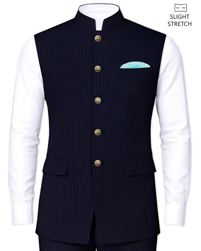Elion-Bunker Blue Pencil Striped Wool Rich Slight Stretch Nehru Jacket 1