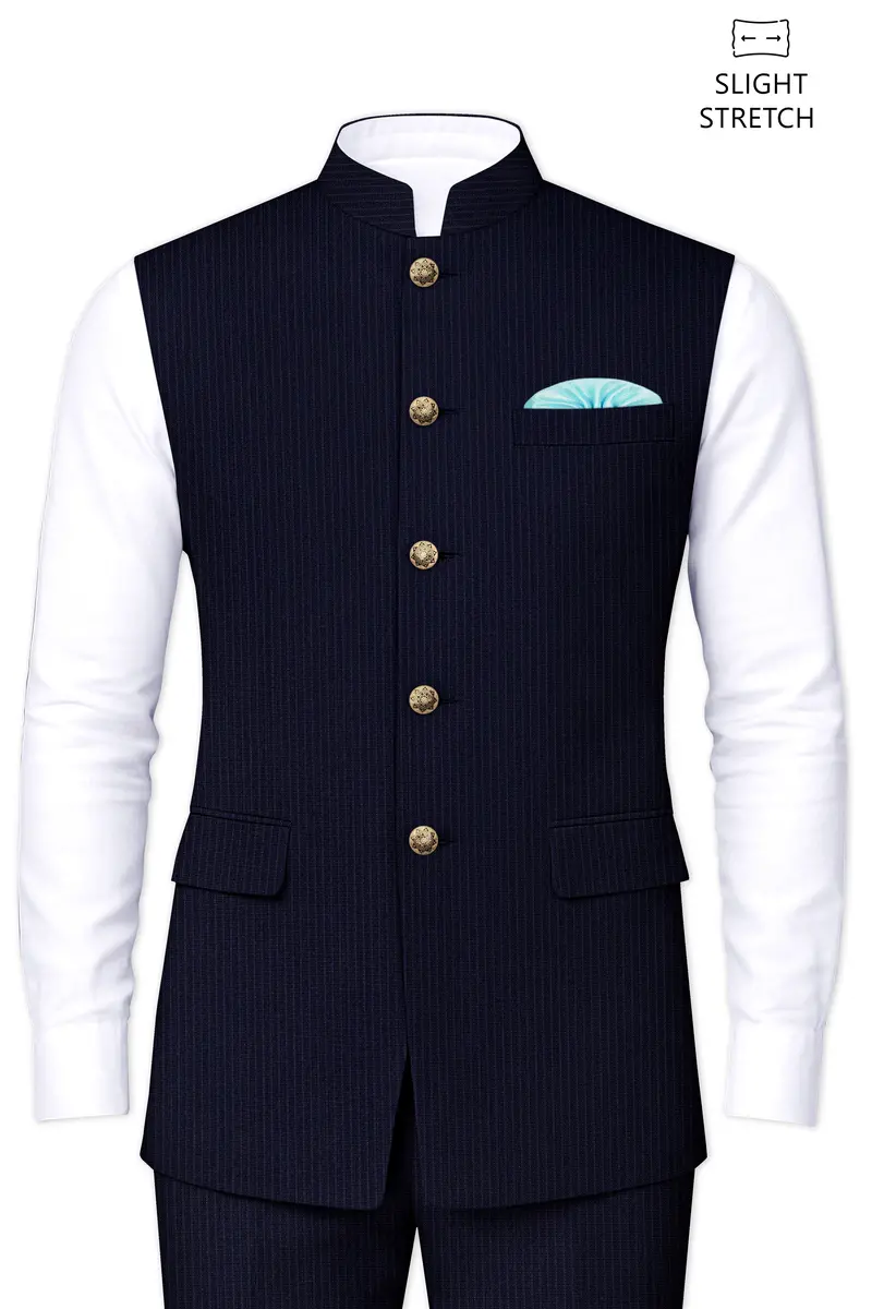 Elion-Bunker Blue Pencil Striped Wool Rich Slight Stretch Nehru Jacket 2