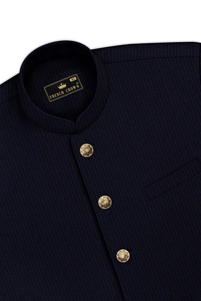 Elion-Bunker Blue Pencil Striped Wool Rich Slight Stretch Nehru Jacket 5