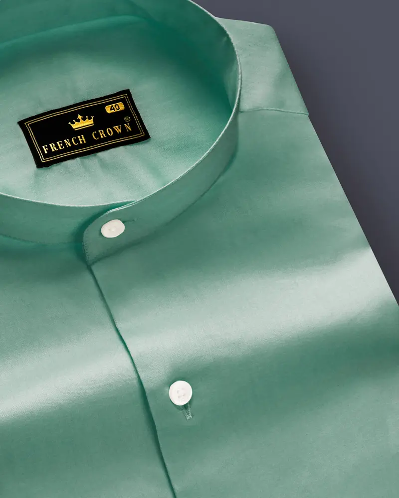 Emerald Charm-Oxley Green Solid Subtle Sheen Super Soft Premium Cotton Semi Formal Mandarin Collar Shirt 1