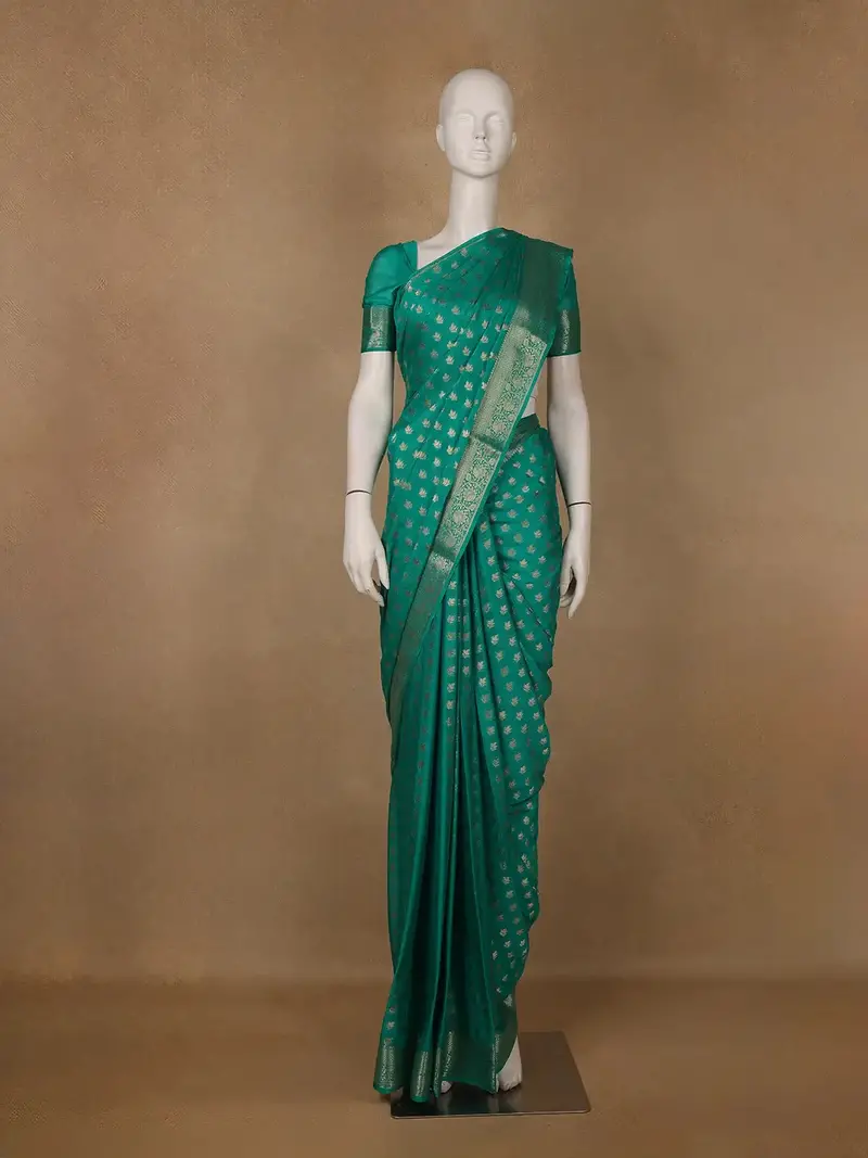 Emerald Green Antique Gold Zari Work Chiffon Silk Saree 1