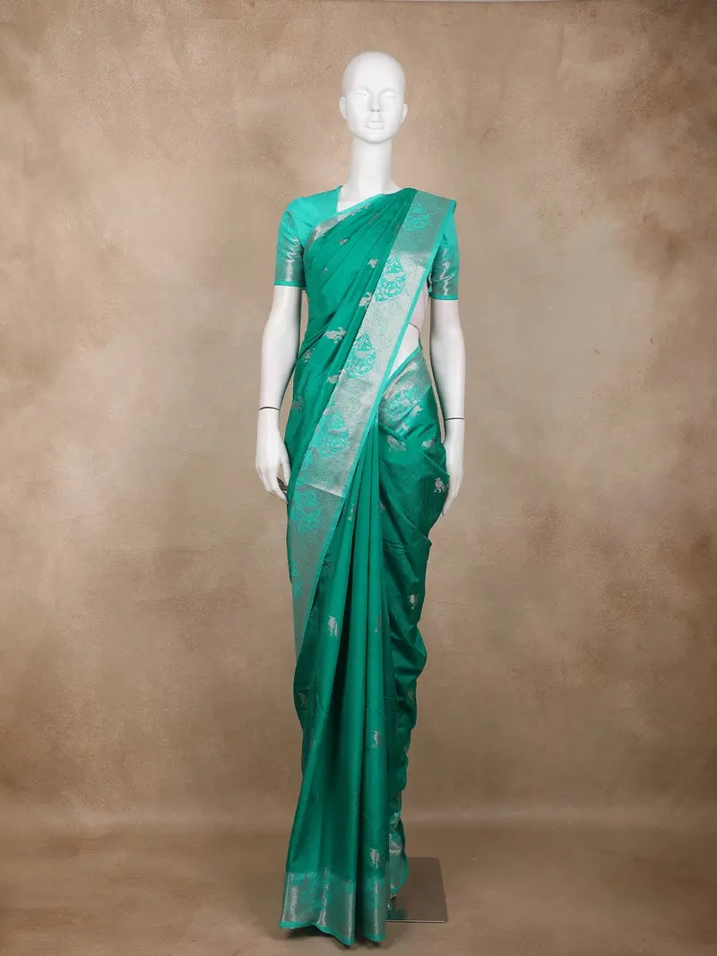 Emerald Green Birds Woven Raw Silk Saree With Zari Border 1