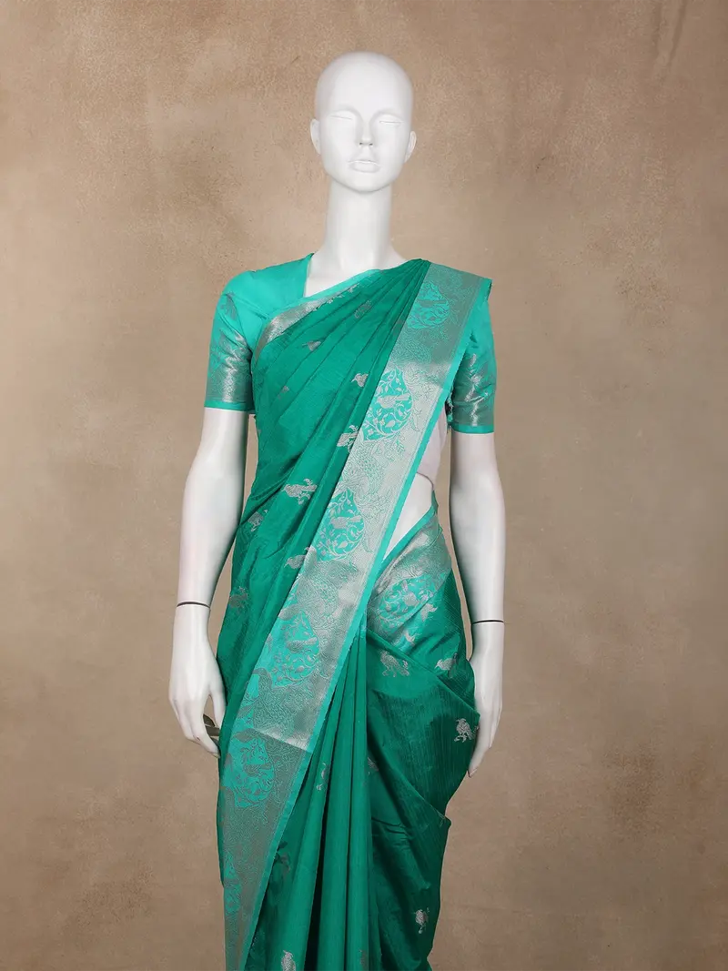 Emerald Green Birds Woven Raw Silk Saree With Zari Border 2