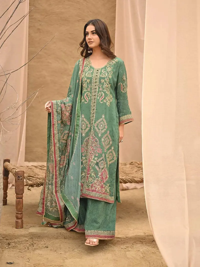 Emerald Green Floral Embroidered Crepe Palazzo Suit 1