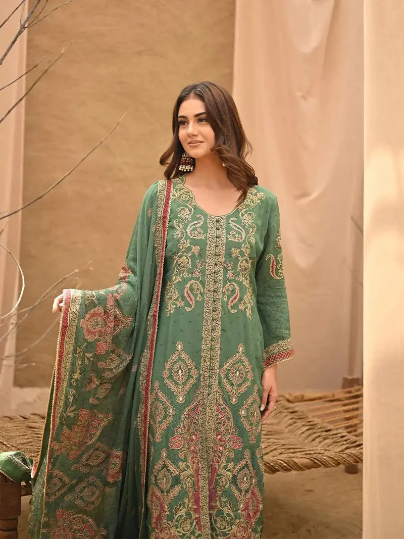 Emerald Green Floral Embroidered Crepe Palazzo Suit 3
