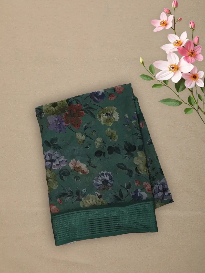 Emerald Green Floral Printed Chiffon Saree With Self Woven Border 1