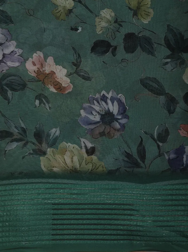 Emerald Green Floral Printed Chiffon Saree With Self Woven Border 2