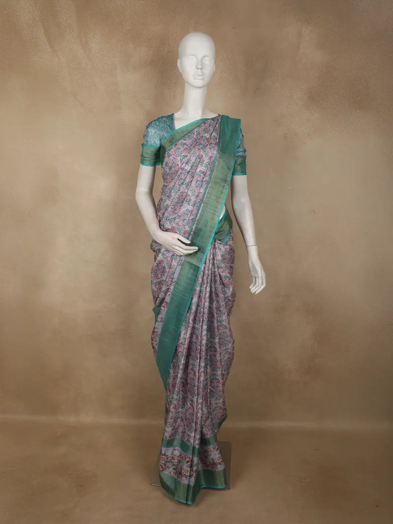 Emerald Green Floral Printed Design Semi Tussar Saree 1