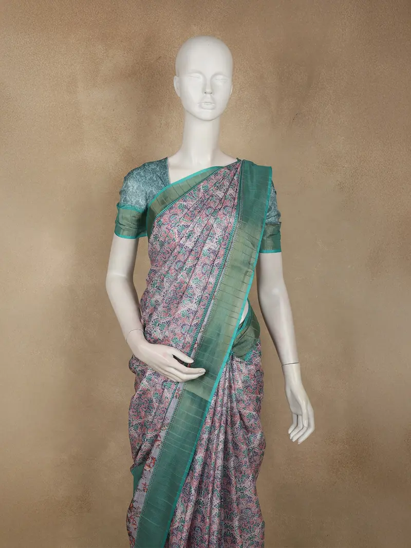 Emerald Green Floral Printed Design Semi Tussar Saree 2