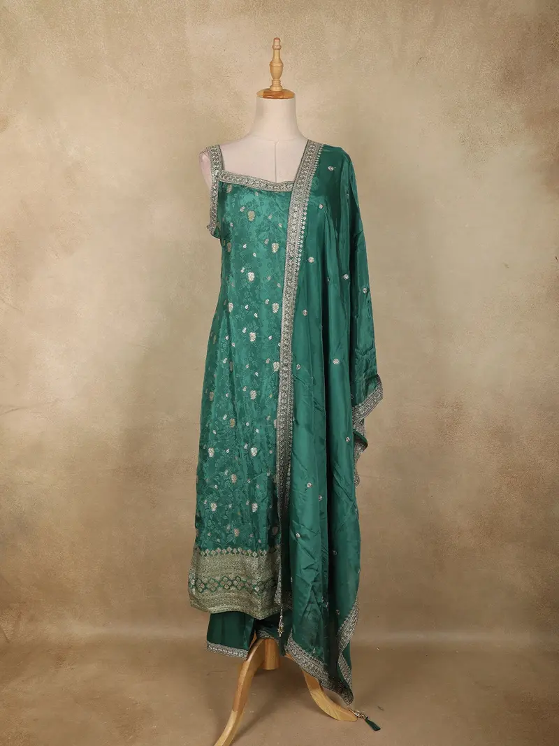 Emerald Green Floral Woven Tissue Silk Palazzo Suit With Zari Border Dupatta 1