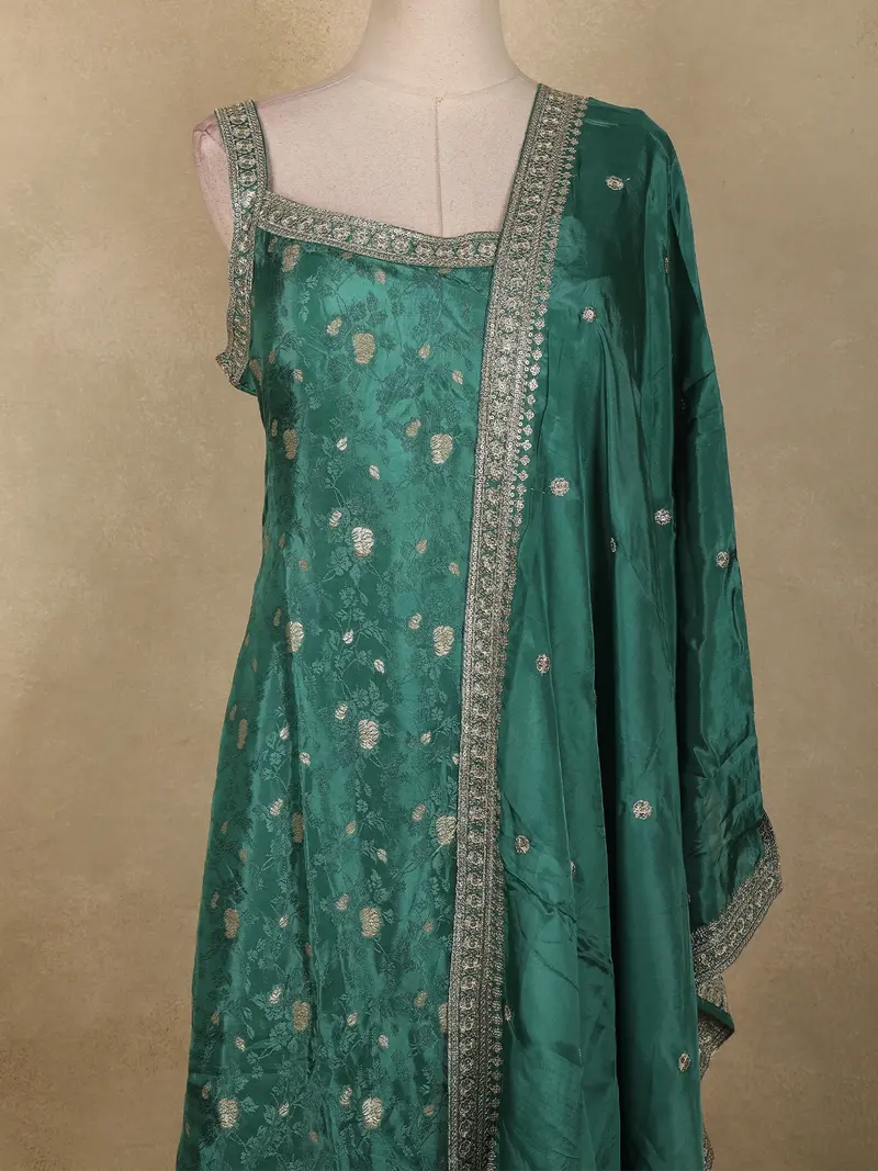 Emerald Green Floral Woven Tissue Silk Palazzo Suit With Zari Border Dupatta 2