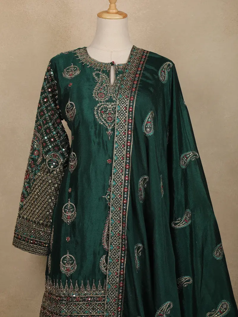 Emerald Green Paisley Design Silk Palazzo Suit 2