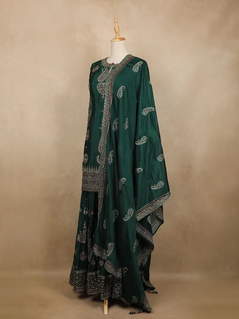 Emerald Green Paisley Design Silk Palazzo Suit 3
