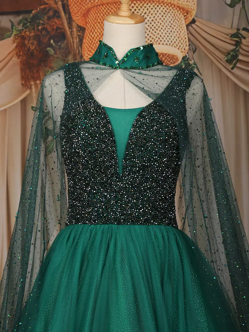 Emerald Green Sequins Embroidered Design Net Gown With Sheer Cape Sleeves 2
