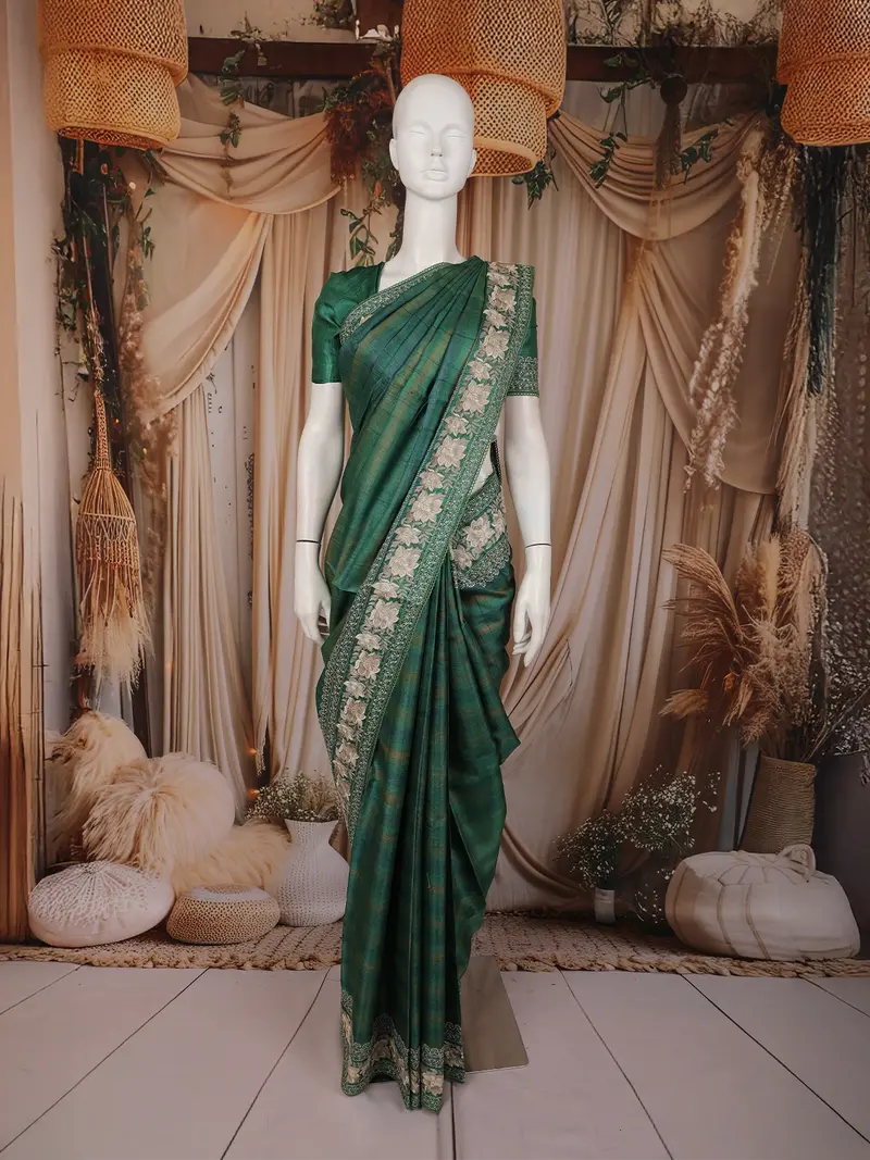 Emerald Green Solid Woven Design Tussar Fancy Saree With Floral Thread Work Border 1