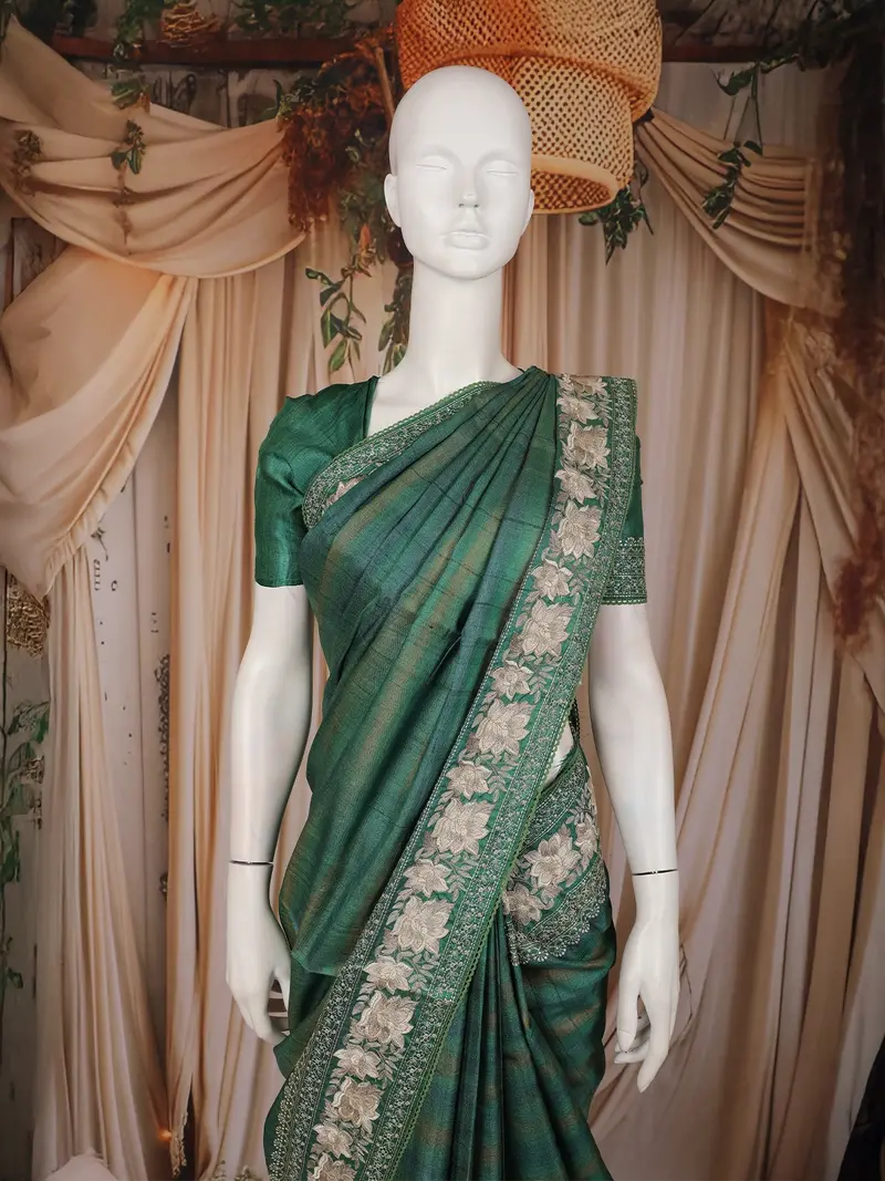 Emerald Green Solid Woven Design Tussar Fancy Saree With Floral Thread Work Border 2